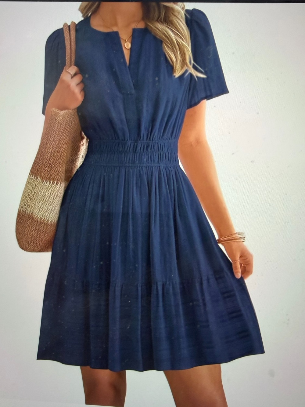 Women's Navy Short-Sleeve Smocked Waist Dress- 100% Cotton - NWT- Size L